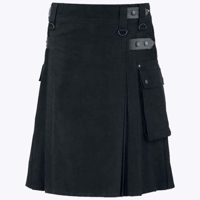 Black Utility Kilt With Leather Straps